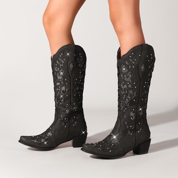Black Women Sparkly Rhinestone Wedding Boots Trendy Vintage Tall Glitter Boot - Picture 3 of 5